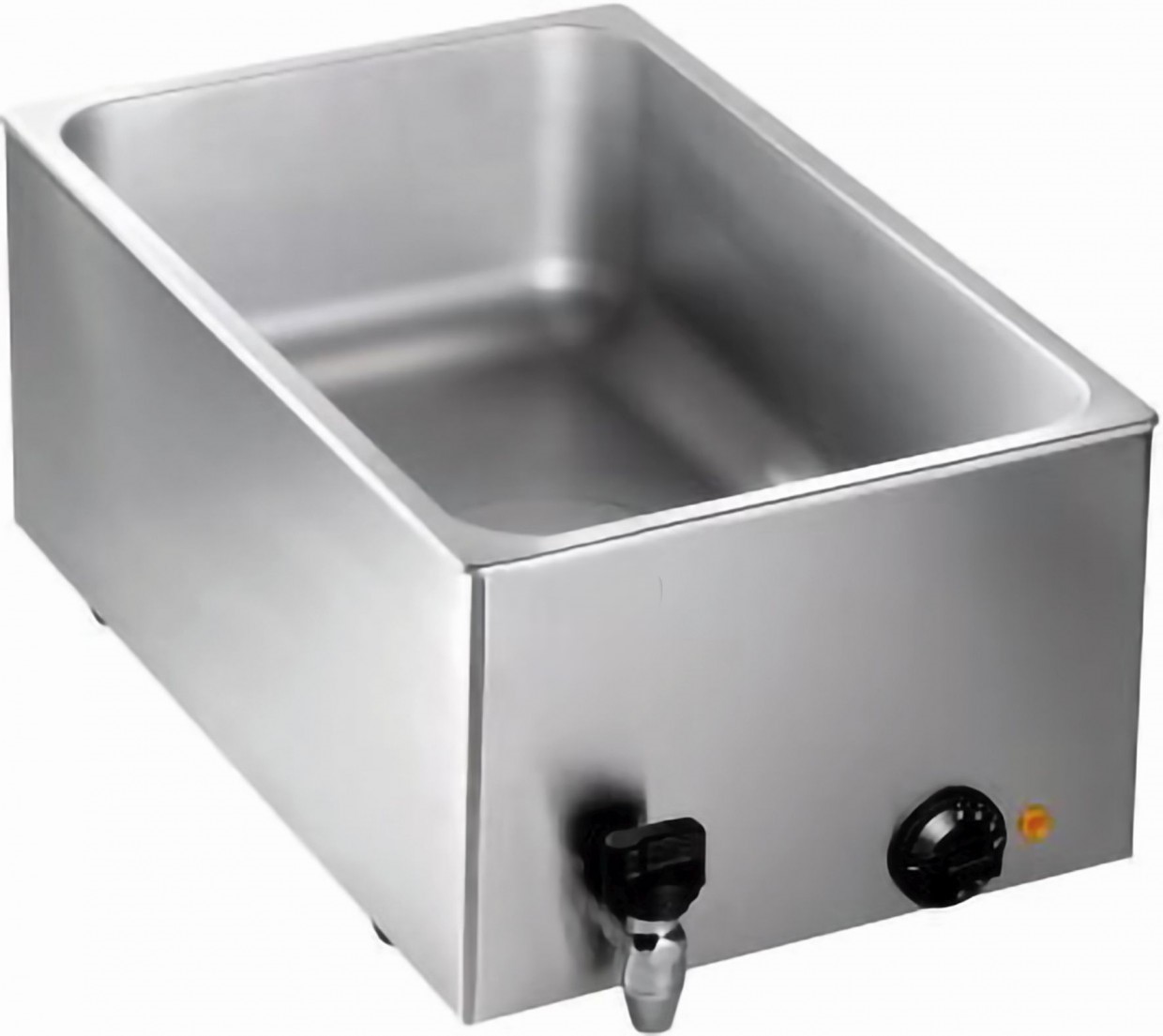 Elektro-Bain-Marie, 1 kW, für 1/1 oder 2 x 1/2 oder 3 x 1/3 GN-Behälter, 150 mm Höhe, mit Ablasshahn