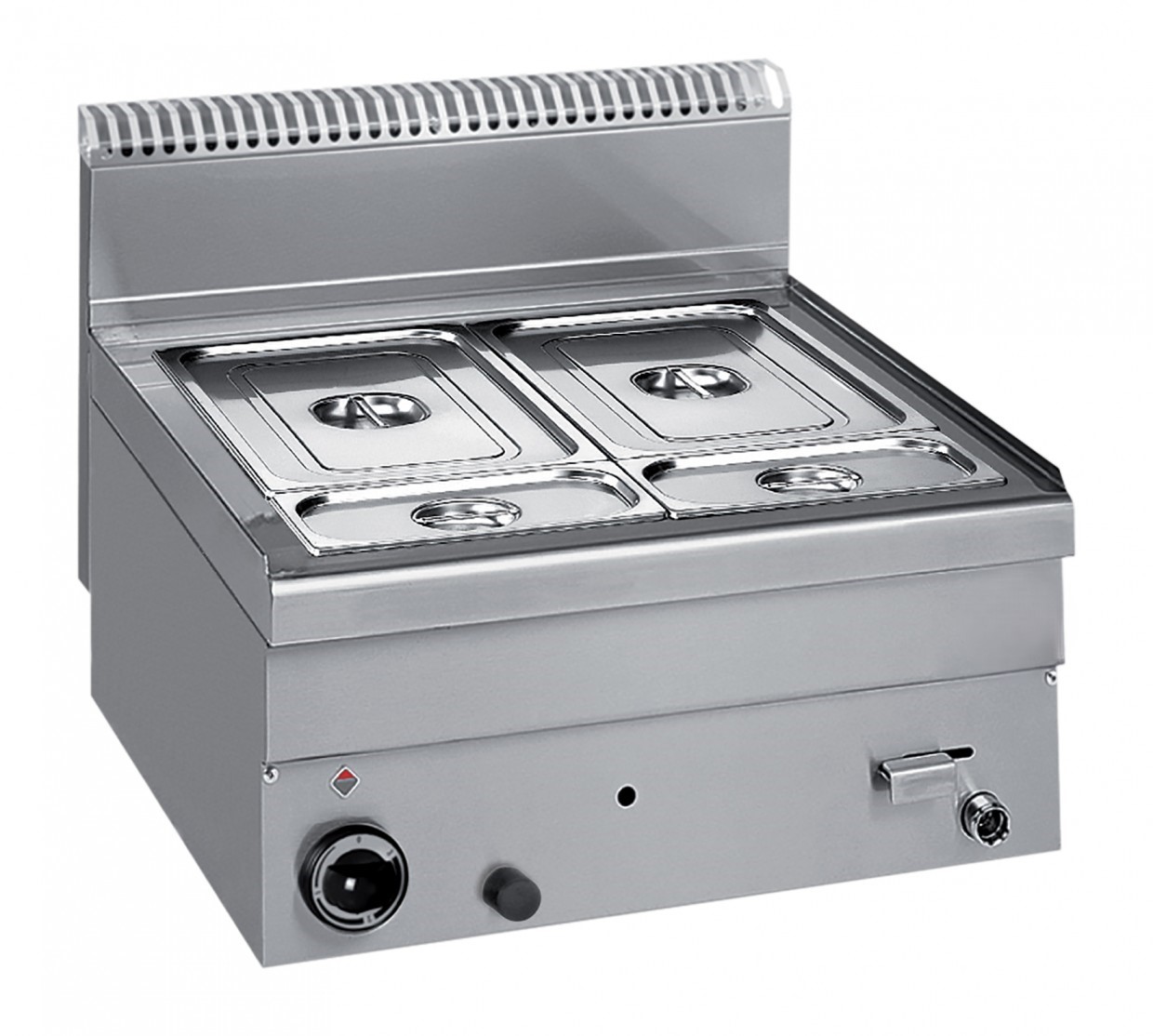 Gas-Bain-Marie Tischgerät – 1/1+1/2+1/4 GN Behälter, H: 150 mm, 5,0 kW, 600x600 mm