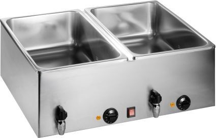 Elektro-Bain-Marie, 2 x 1 kW, 2 x 1/1 GN-Behälter, 150 mm Höhe, mit Ablasshahn